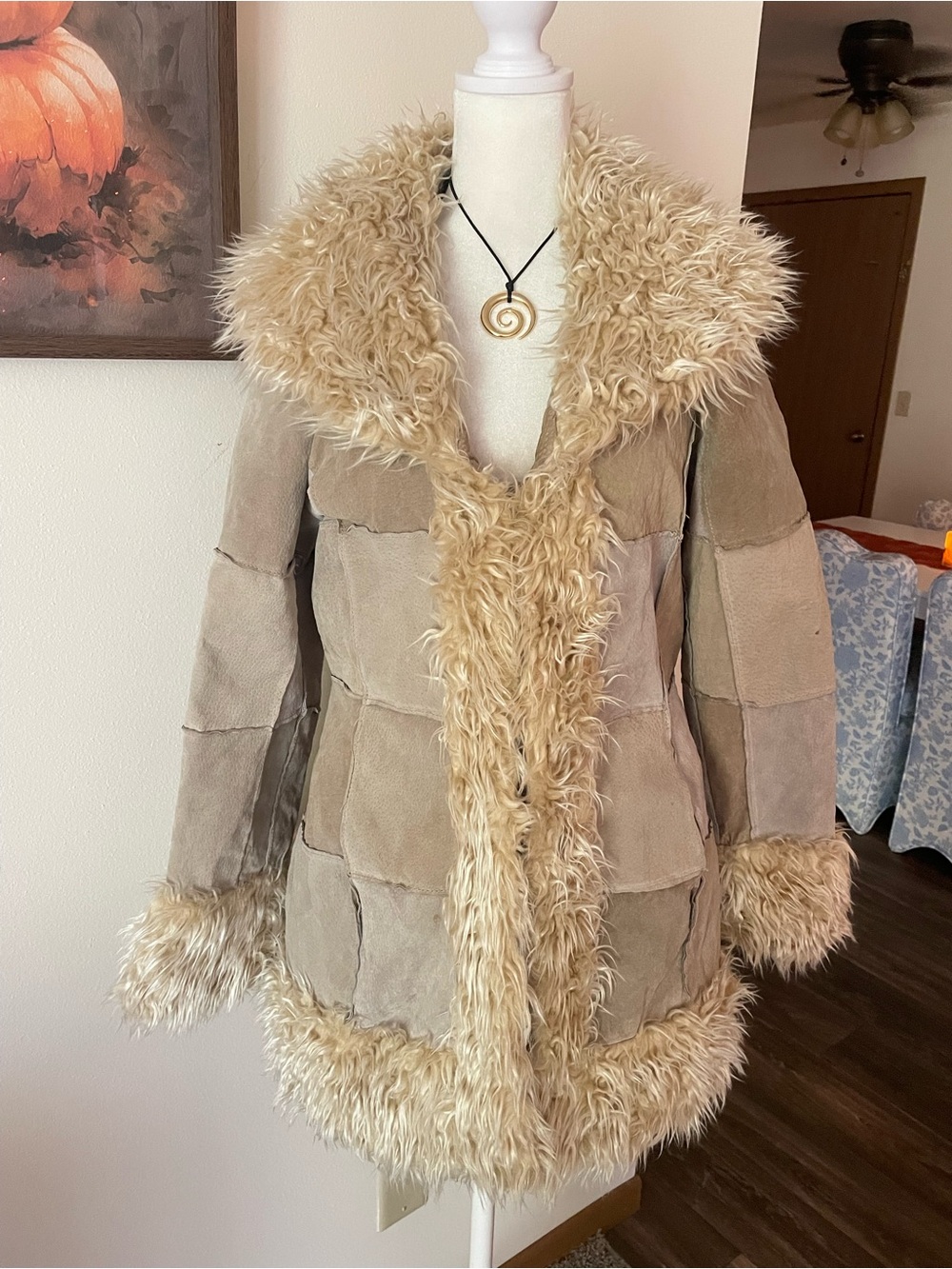 Hudson Place Y2K Vintage Genuine Leather Patchwork Fur Trim Penny Lane Coat